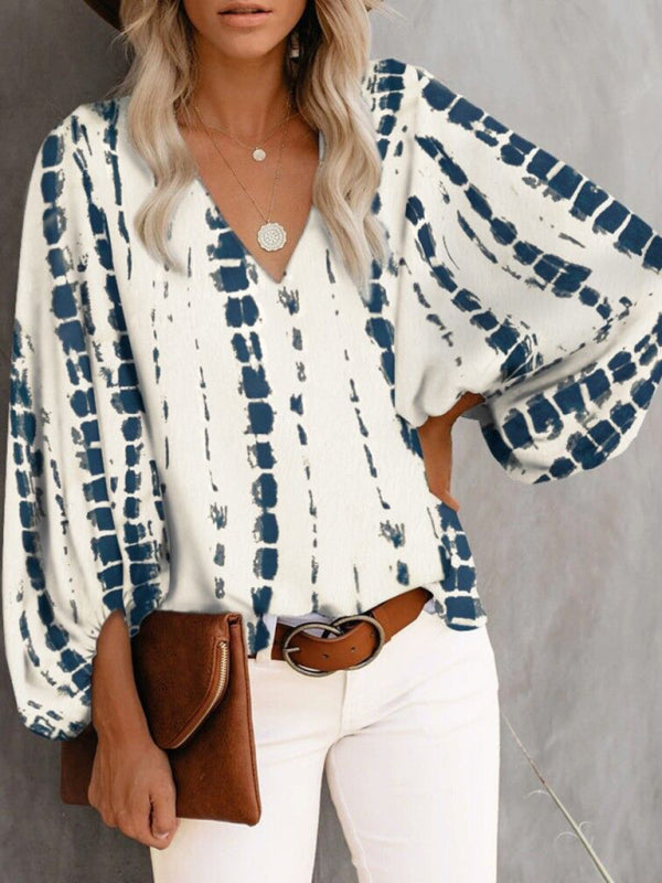 V-neck casual shirt printed lantern sleeve top women&