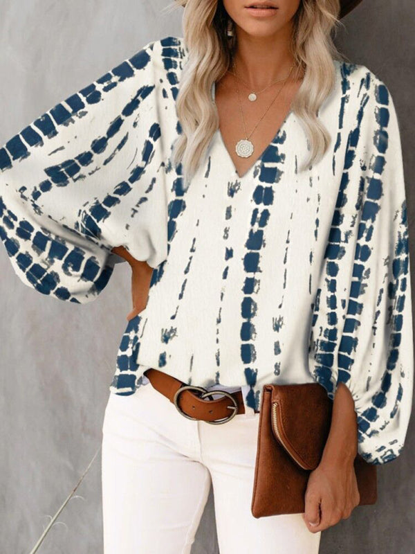 V-neck casual shirt printed lantern sleeve top women&