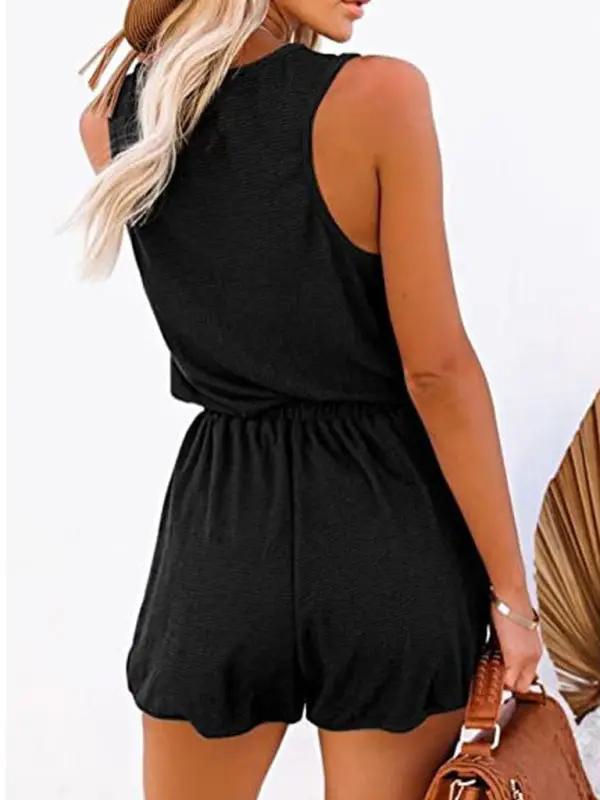 New sleeveless jumpsuit waist tie casual loose wide leg shorts