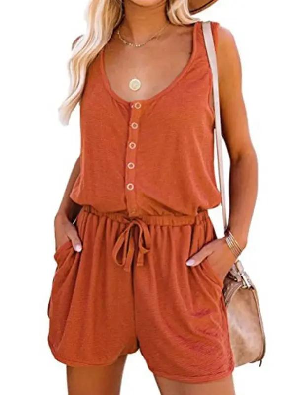 New sleeveless jumpsuit waist tie casual loose wide leg shorts