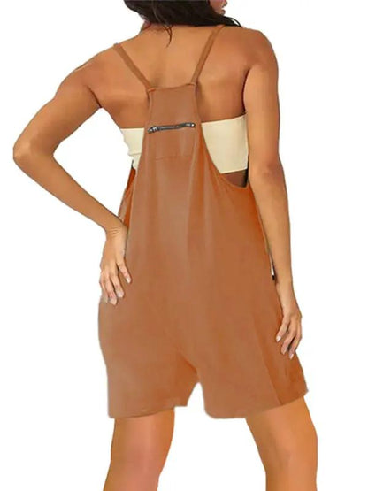 Back view of brown zipper pocket suspenders jumpsuit overalls