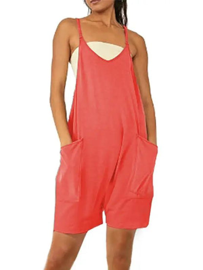 Front view of red zipper pocket suspenders jumpsuit overalls
