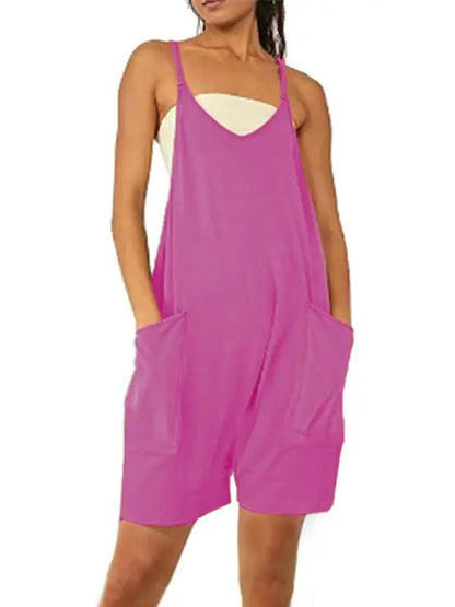 Front view of pink zipper pocket suspenders jumpsuit overalls