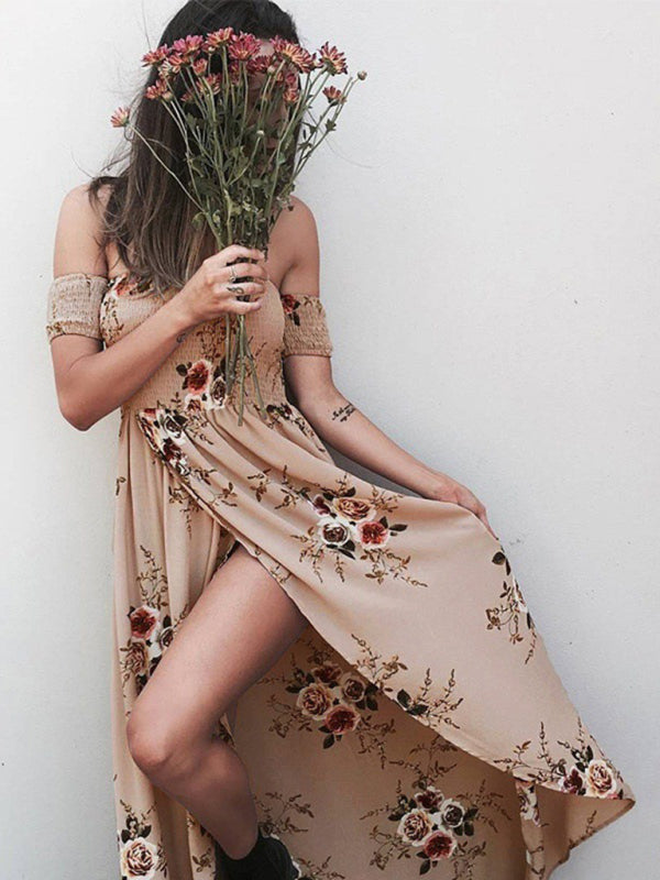 Bedrucktes One-Shoulder-Trägerloses Chiffon-Kleid mit Schlitz für Damen