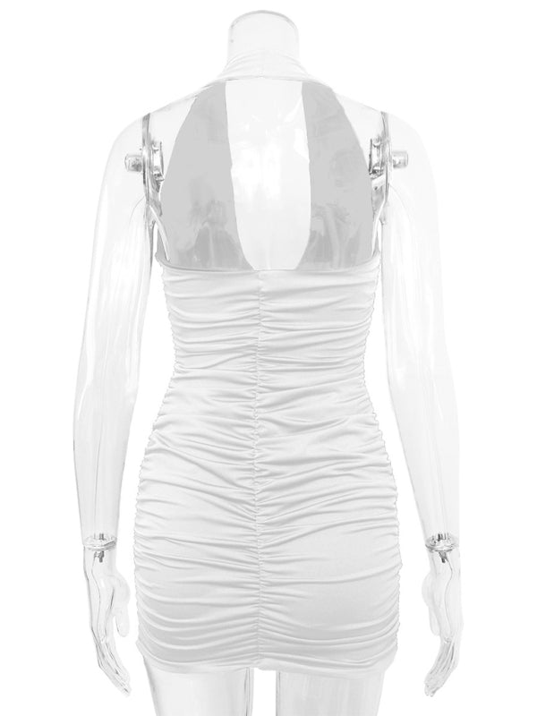 Damen-Minikleid mit V-Ausschnitt, Neckholder, rückenfrei, sexy, plissiert 