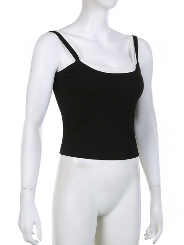 Black and white slim camisole top, side view