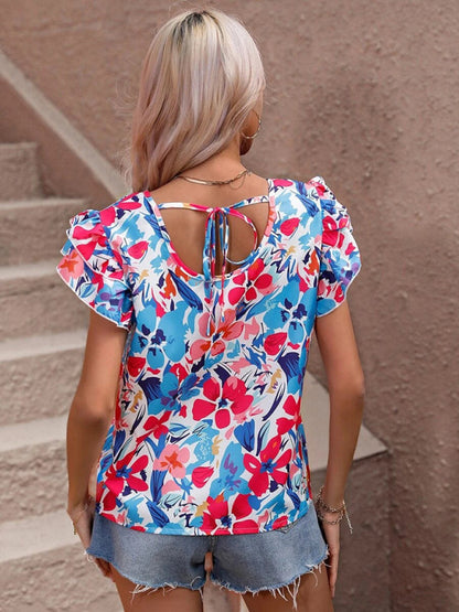 Frauen Sommer Neue Mode Blumen Druck Doppel Schicht Feifei Kurzarm Shirt 