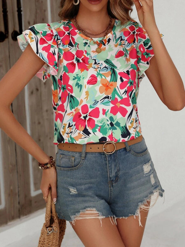 Frauen Sommer Neue Mode Blumen Druck Doppel Schicht Feifei Kurzarm Shirt 