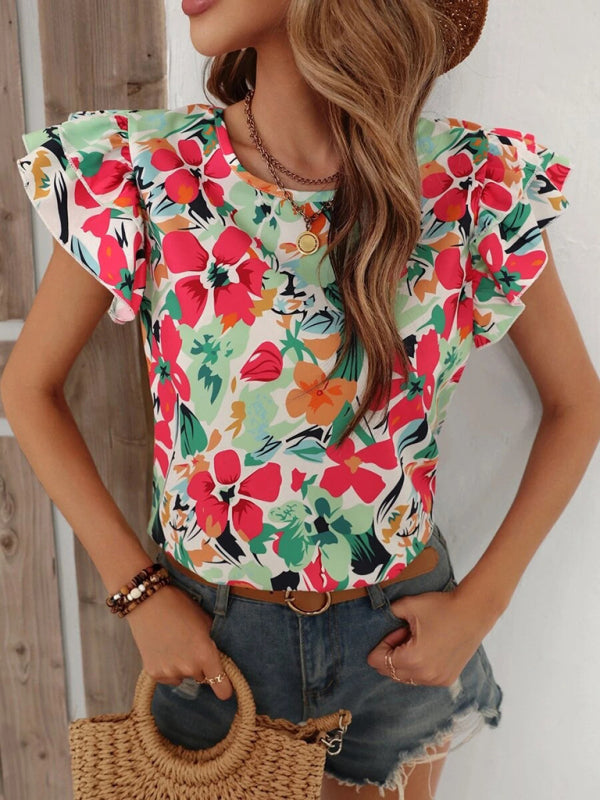 Frauen Sommer Neue Mode Blumen Druck Doppel Schicht Feifei Kurzarm Shirt 