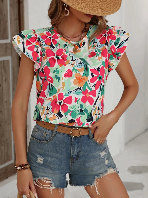 Frauen Sommer Neue Mode Blumen Druck Doppel Schicht Feifei Kurzarm Shirt 