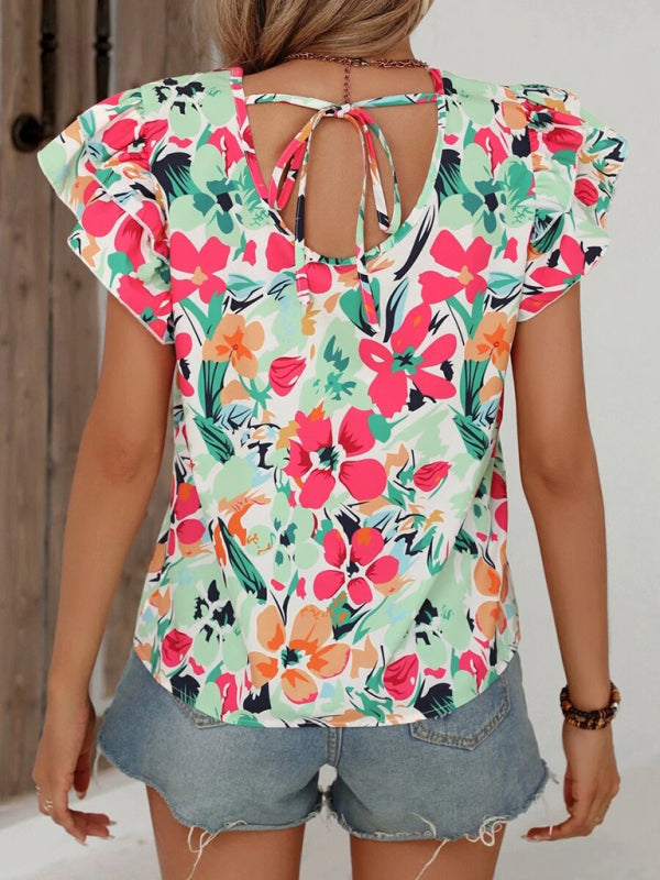 Frauen Sommer Neue Mode Blumen Druck Doppel Schicht Feifei Kurzarm Shirt 