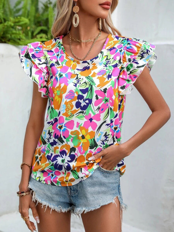 Frauen Sommer Neue Mode Blumen Druck Doppel Schicht Feifei Kurzarm Shirt 