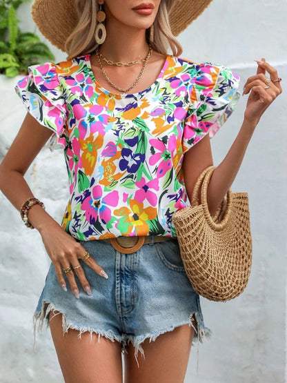 Frauen Sommer Neue Mode Blumen Druck Doppel Schicht Feifei Kurzarm Shirt 