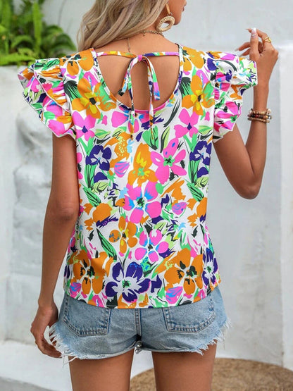 Frauen Sommer Neue Mode Blumen Druck Doppel Schicht Feifei Kurzarm Shirt 