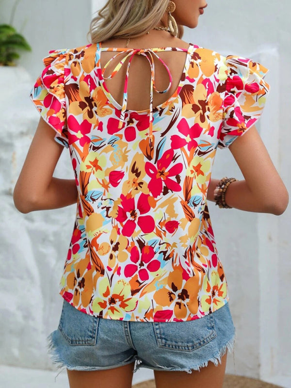 Frauen Sommer Neue Mode Blumen Druck Doppel Schicht Feifei Kurzarm Shirt 