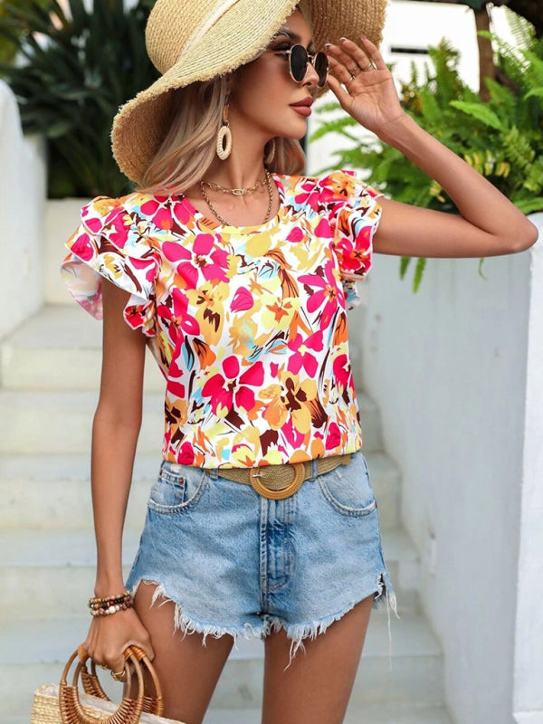 Frauen Sommer Neue Mode Blumen Druck Doppel Schicht Feifei Kurzarm Shirt 