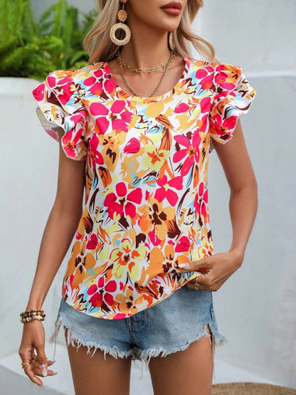 Frauen Sommer Neue Mode Blumen Druck Doppel Schicht Feifei Kurzarm Shirt 