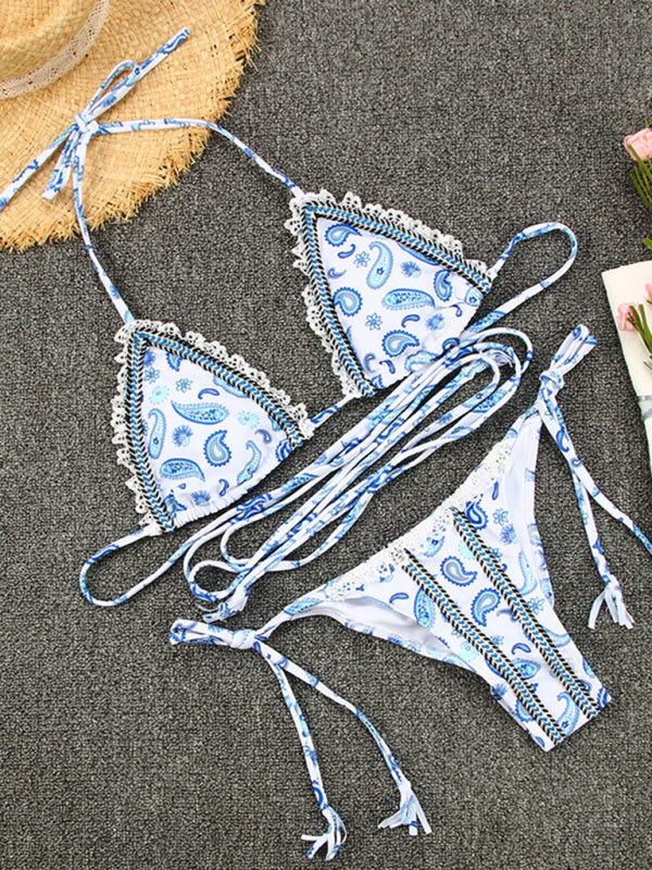 Sexy Ribbon Panel Lace Ties Printed Bikini