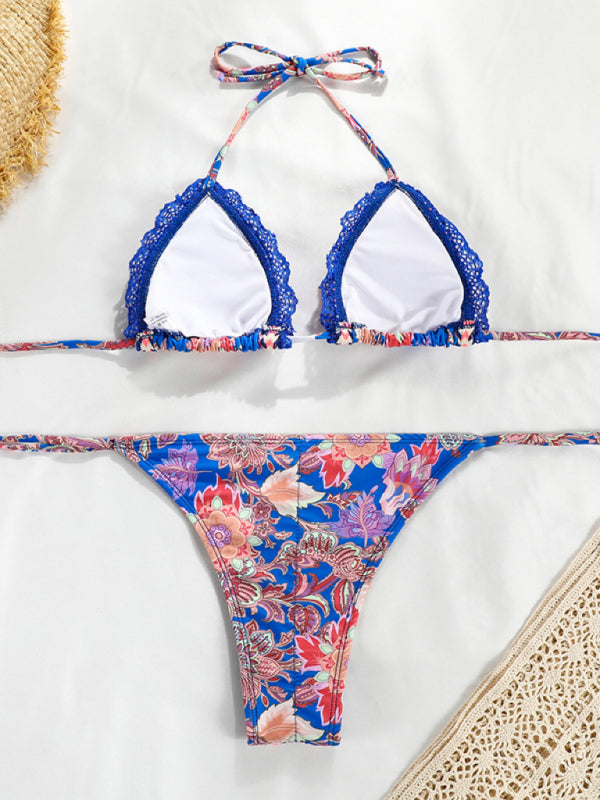 Sexy Ribbon Panel Lace Ties Printed Bikini