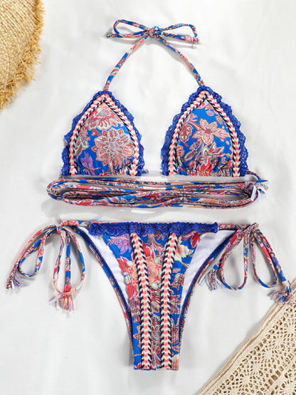 Sexy Ribbon Panel Lace Ties Printed Bikini