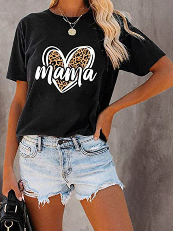 Damen-T-Shirt „Herz MAMA“ zum Muttertag mit Leopardenmuster 