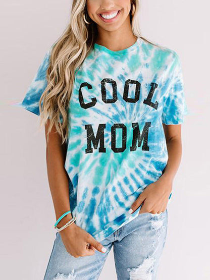 T-shirt à manches courtes Tie Dye imprimé lettre fête des mères pour femmes 