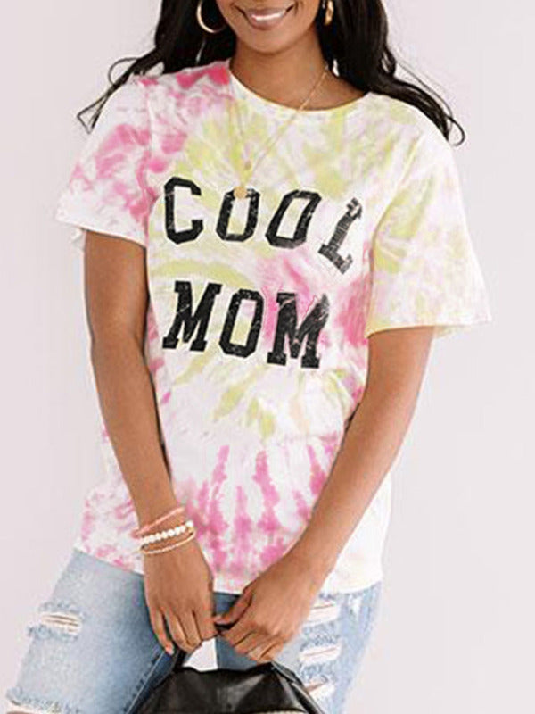 T-shirt à manches courtes Tie Dye imprimé lettre fête des mères pour femmes 