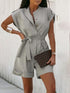 Gray linen cotton single-breasted jumpsuit with belt