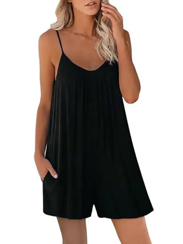 Black casual suspender shorts jumpsuit with pockets