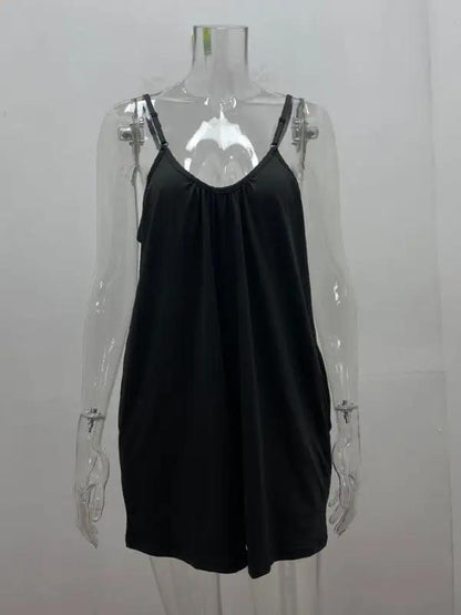 Black loose pocket jumpsuit on mannequin, front view