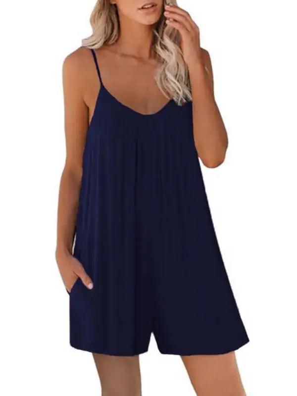 Navy casual suspender shorts jumpsuit with pockets