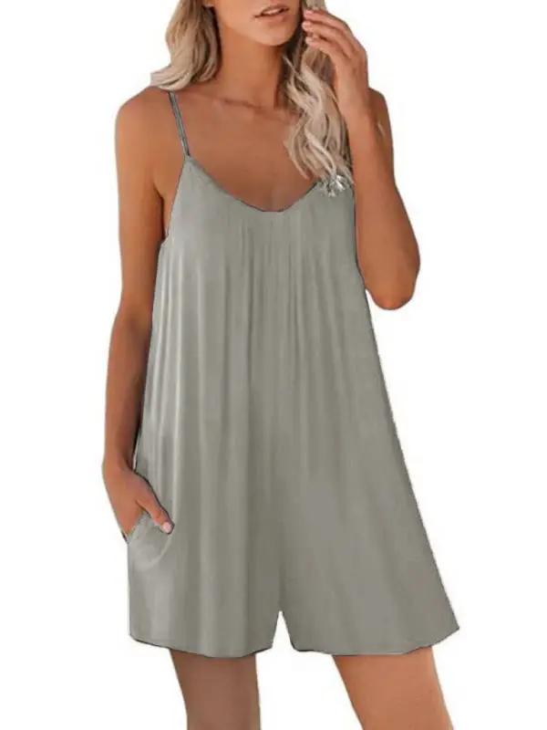 Gray casual suspender shorts jumpsuit with pockets