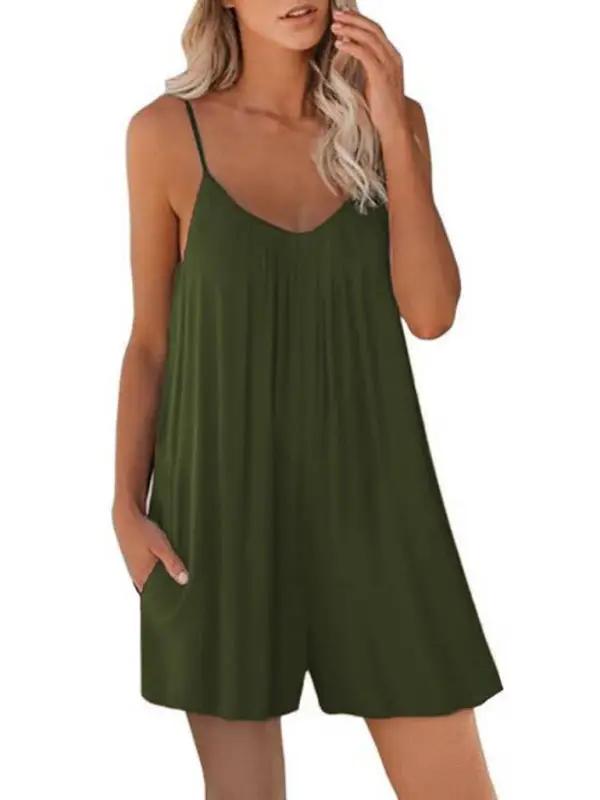 Green casual suspender shorts jumpsuit with pockets