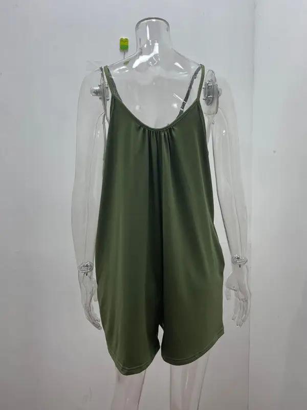 Green loose pocket jumpsuit on mannequin, back view