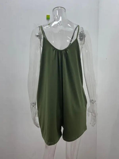 Green loose pocket jumpsuit on mannequin, back view