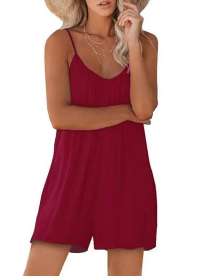 Red casual suspender shorts jumpsuit with hat