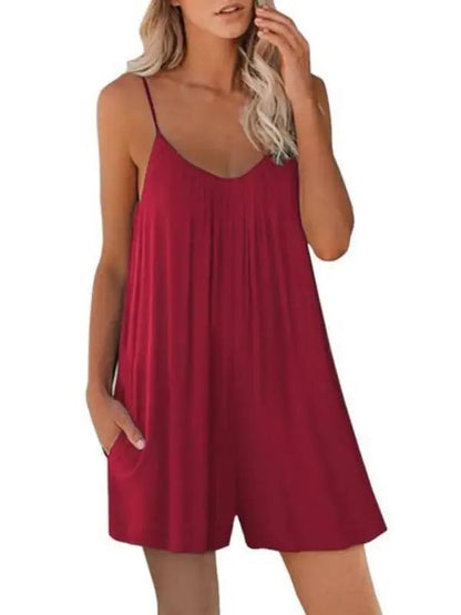 Red casual suspender shorts jumpsuit with pockets