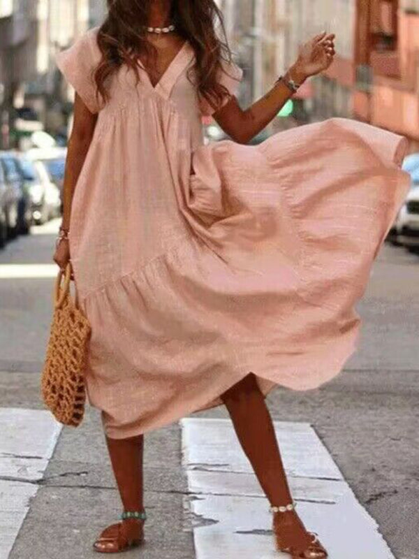 Einfarbiges, unregelmäßiges, langes Swing-Kleid mit V-Ausschnitt für Damen 