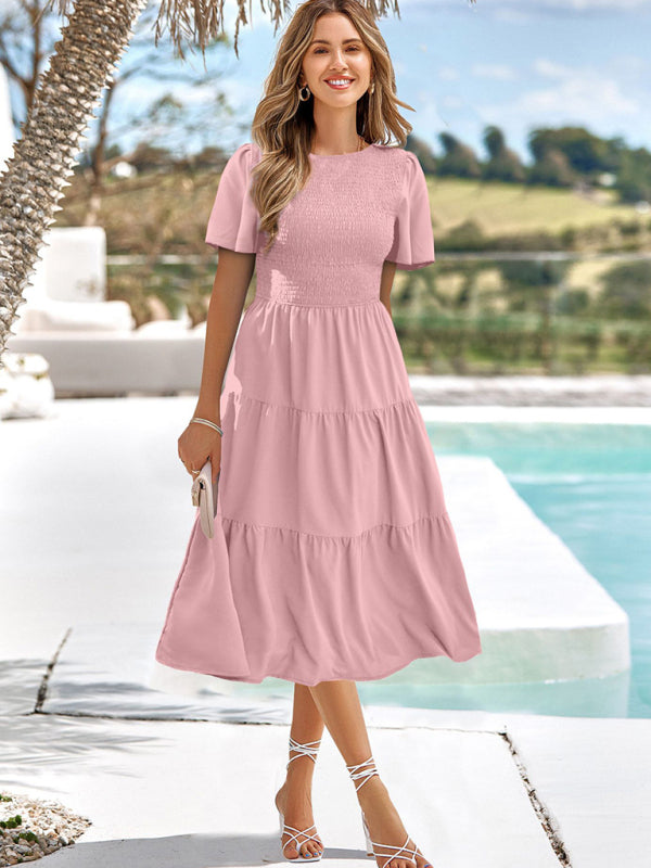 Einfarbiges, plissiertes Resort-Kleid für Damen mit Rundhalsausschnitt