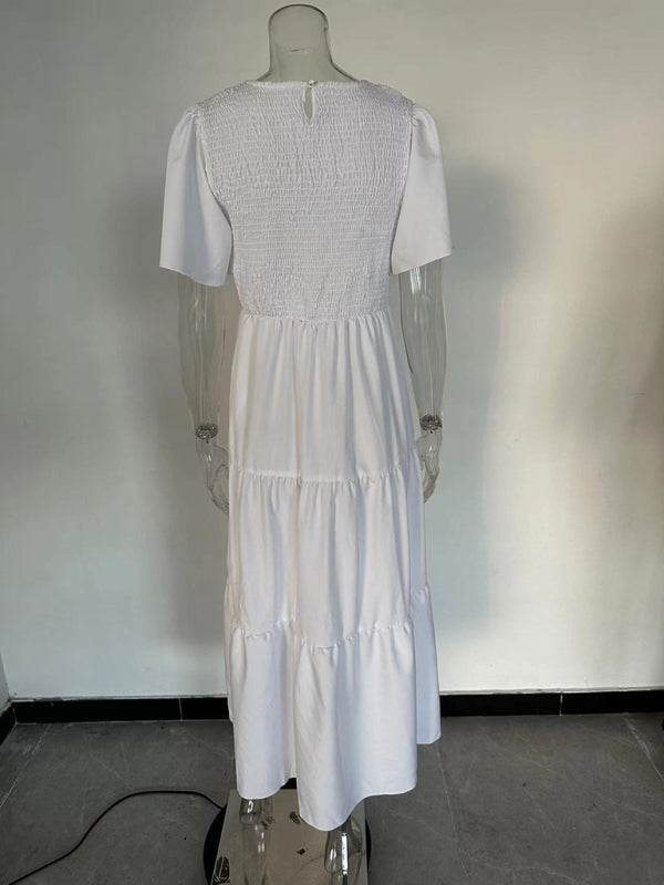 Einfarbiges, plissiertes Resort-Kleid für Damen mit Rundhalsausschnitt