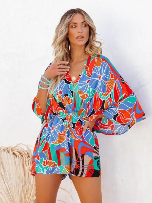 Colorful floral printed waist short sleeve jumpsuit