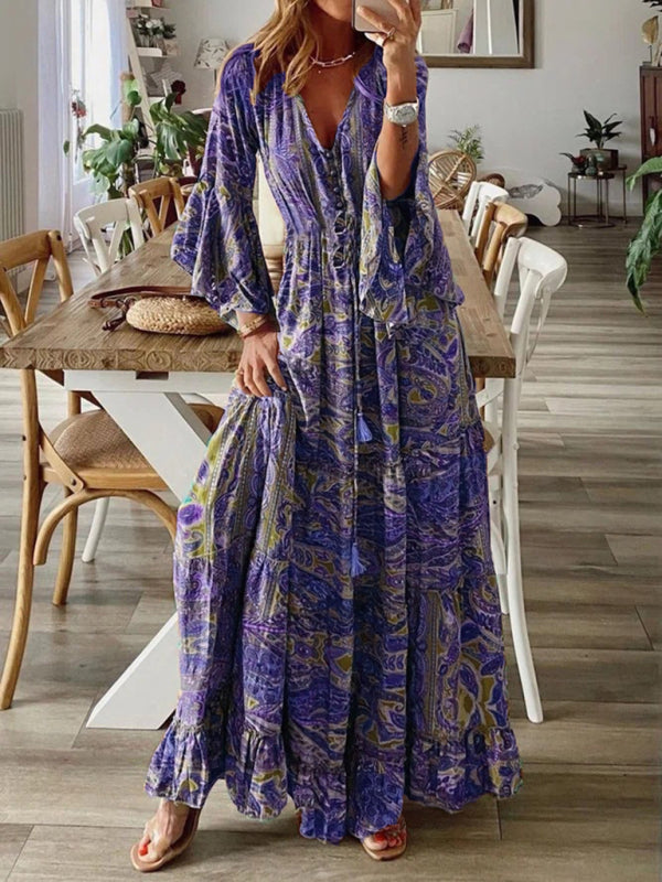 Robe de vacances style bohémien, manches trompette, imprimé, col en v, taille haute, jupe longue florale pour femmes 