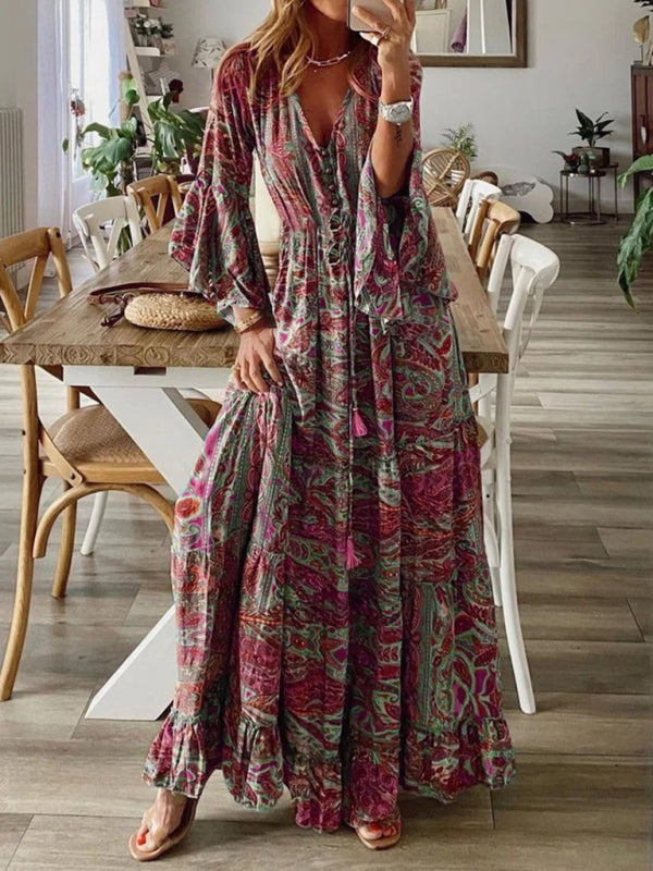 Robe de vacances style bohémien, manches trompette, imprimé, col en v, taille haute, jupe longue florale pour femmes 