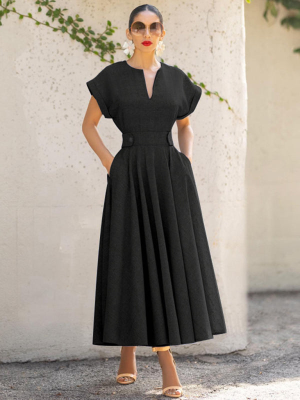 Einfarbiges Retro-Elegantes Damenkleid mit V-Ausschnitt, Wickelärmeln und schmaler Taille 