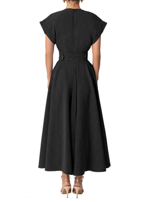 Robe rétro élégante pour femmes, couleur unie, col en v, manches enveloppées, taille étroite, coutures 