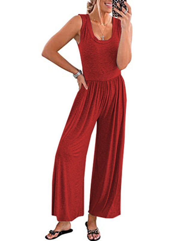 Red solid color sleeveless jumpsuit front view