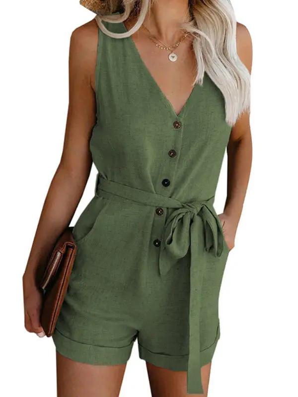 Green V-neck sleeveless button-up jumpsuit