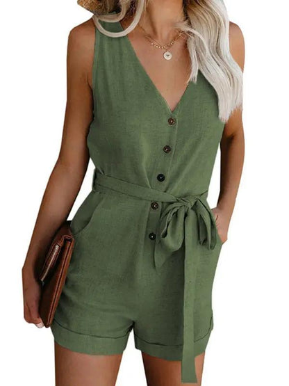 Green V-neck sleeveless button-up jumpsuit