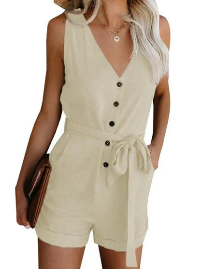 Beige V-neck sleeveless button-up jumpsuit
