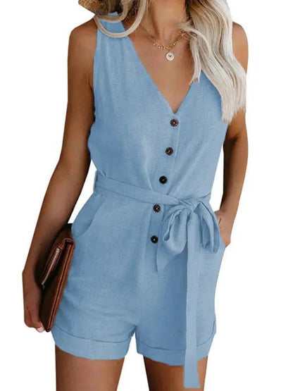 Light blue V-neck sleeveless button-up jumpsuit